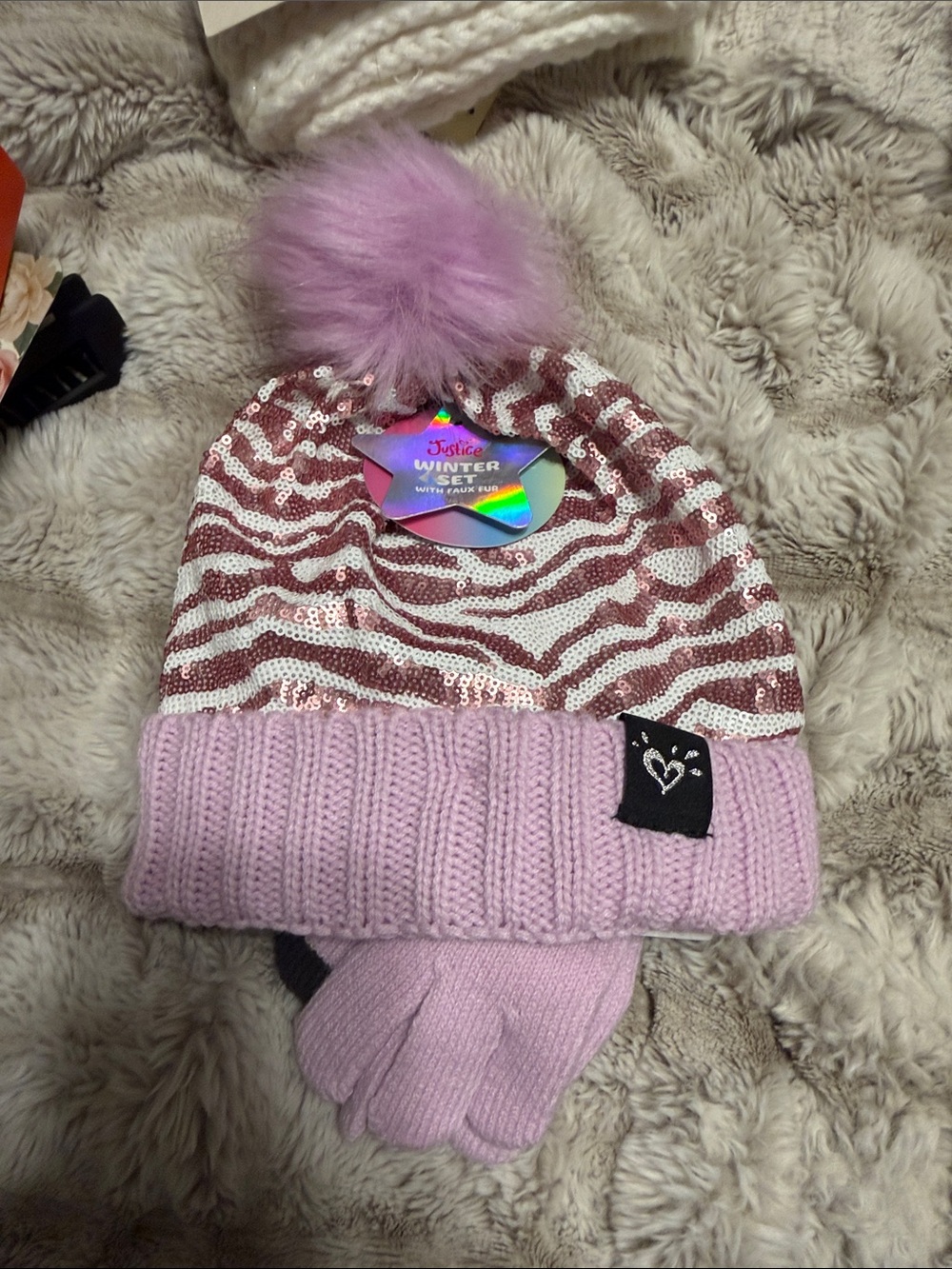 Justice Pink Sequin Zebra Pom Beanie with Matching Gloves